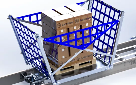 Close-up of the TruMotion load stability test system cage with loaded pallet