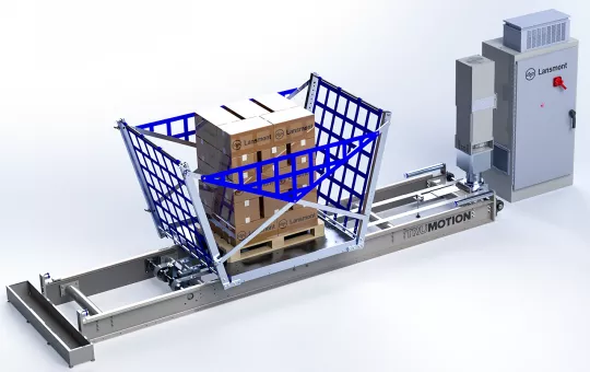 Full view of the TruMotion load stability test system with loaded pallet