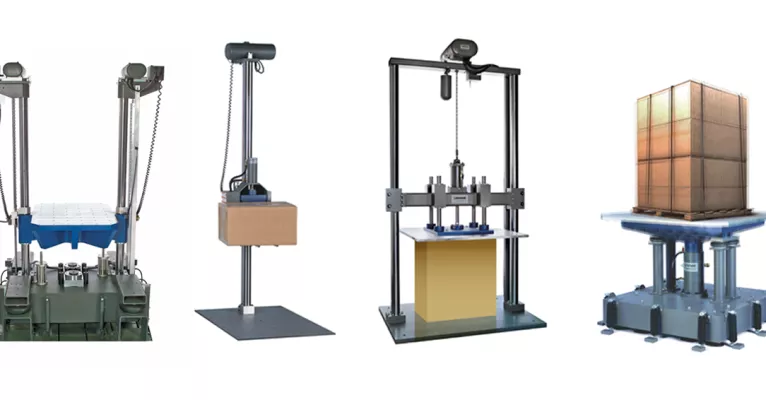 A range of the Lansmont testers, including a drop tester and a vibration tester.