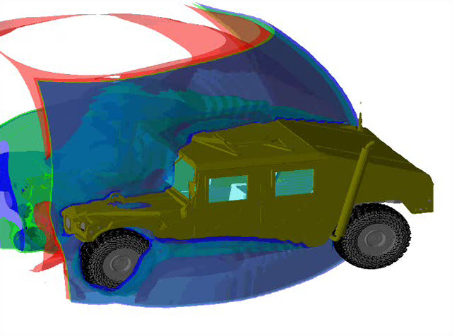 Humvee with simulated IED blast.