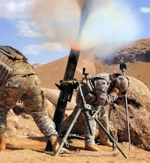 Soldiers firing a mortar.