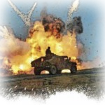 Military vehicle driving in front of an explosion.
