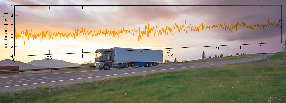 Semi-truck traveling down a road.