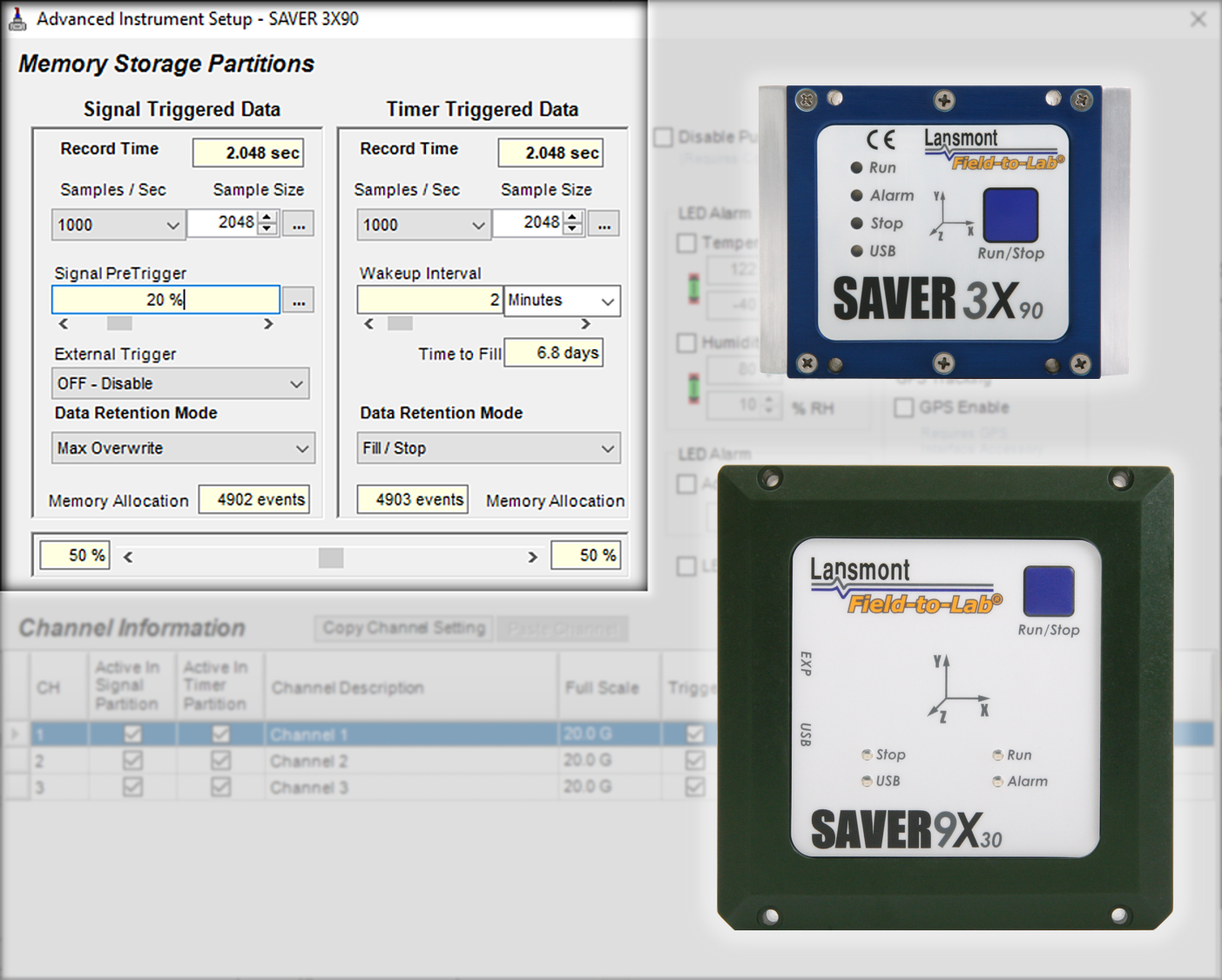 SAVER™ 3X90 advanced instrument setup screen.